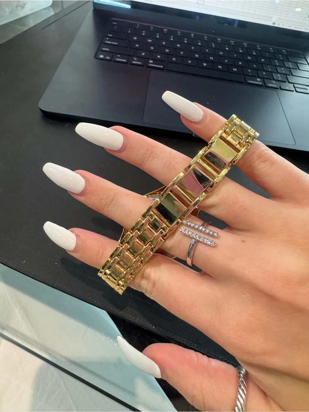 DMQ Women’s Gold-Tone Watch w/ Double Crystal Bezel, and Polished Link Bracelet